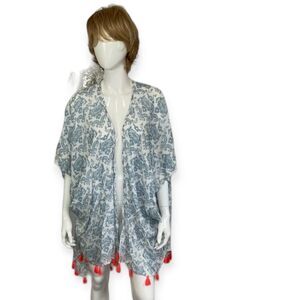 Z&L Viscose Damask Tassel Open Front Kimono Sleeve Boho Hi Low Cover Up Blue S